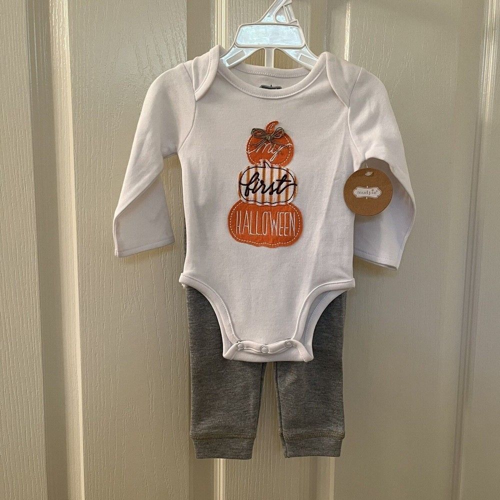 Mud Pie My First Halloween 2-Pc Outfit Set Applique Pumpkins Size 0-3 Months NWT